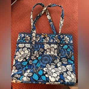 Vera Bradley Blue Floral Quilted Tote with White and Black Accents